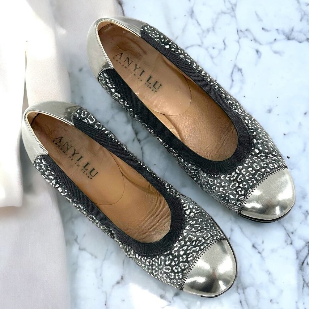 Anyi Lu Gray Cheetah Leather Metallic Pewter Cap Toe Ballet Flats Size 39